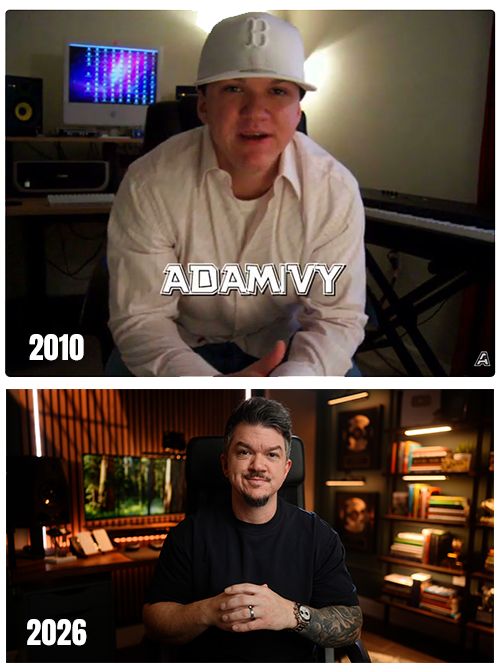 Adam Ivy in his studio in 2010 and 2026