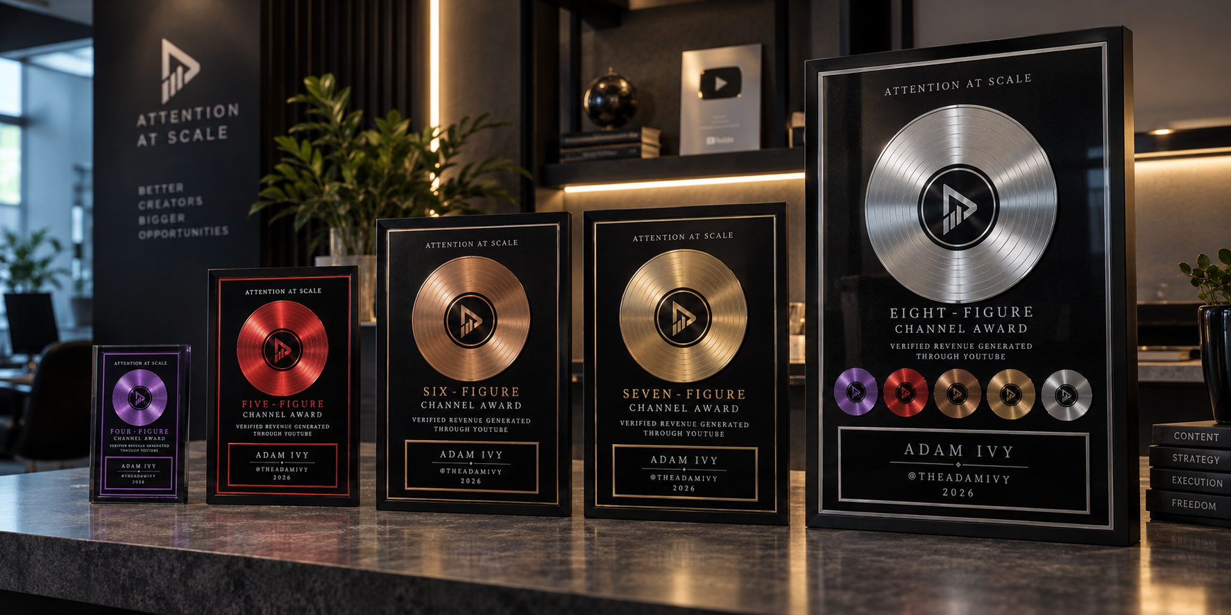Five Attention at Scale channel awards displayed together